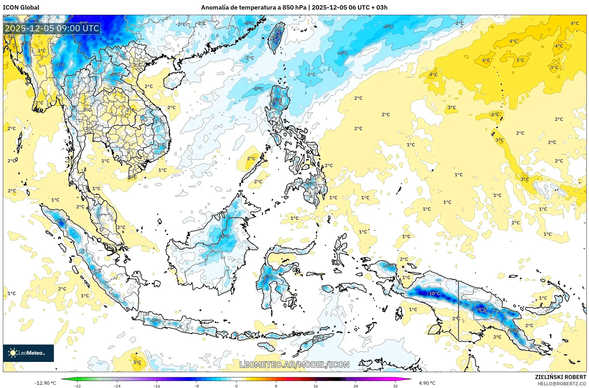 ICON model - Sudeste Asiático, Anomalía de temperatura a 850 hPa