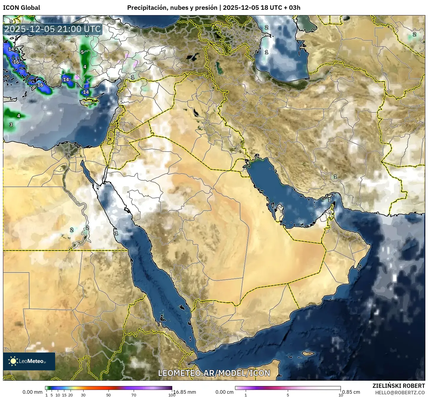 ICON model - Oriente Medio, Precipitación, nubes y presión