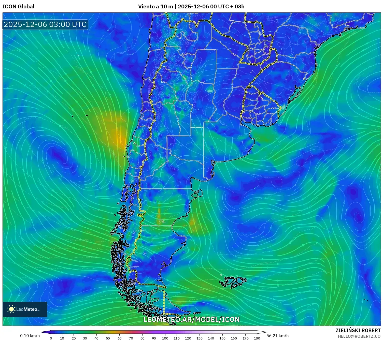 ICON model - Argentina, Viento a 10 m