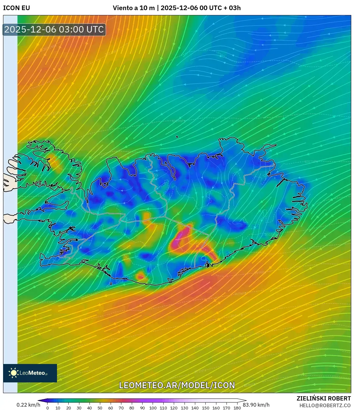 ICON model - Islandia, Viento a 10 m