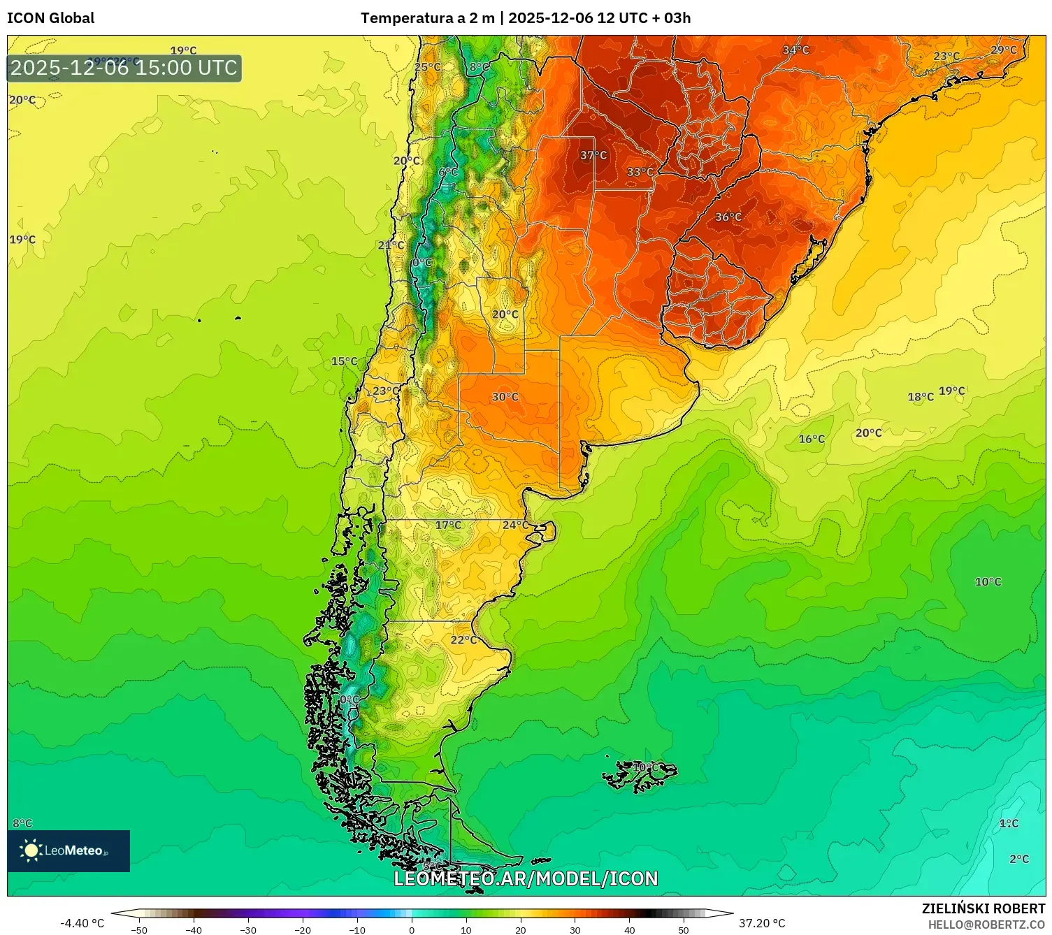 ICON model - Argentina, Temperatura a 2 m