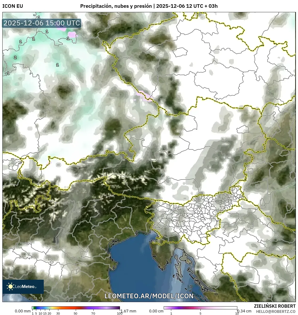 ICON model - Austria, Precipitación, nubes y presión