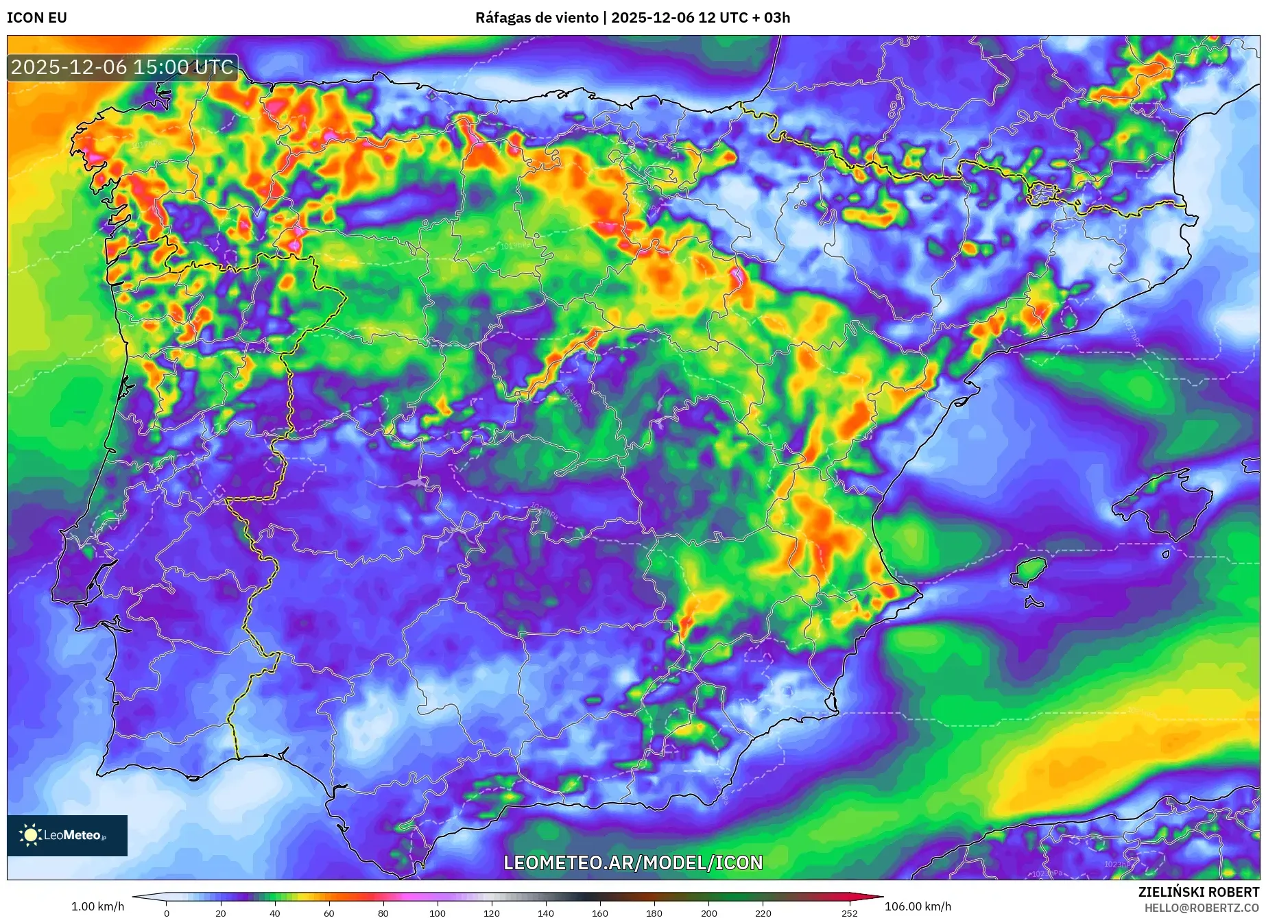 ICON model - España, Ráfagas de viento