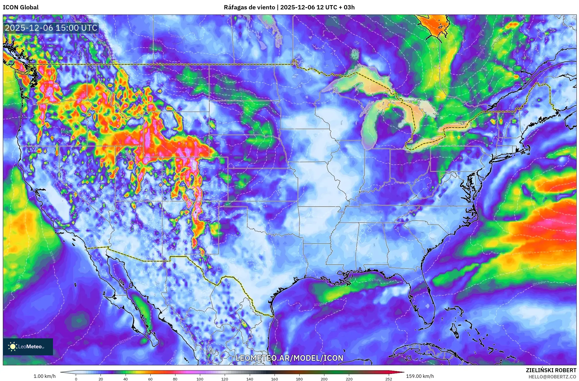 ICON model - Estados Unidos, Ráfagas de viento