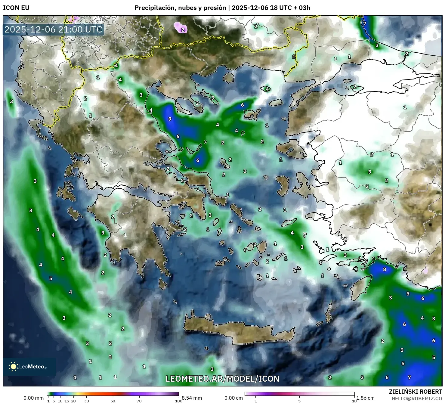 ICON model - Grecia, Precipitación, nubes y presión
