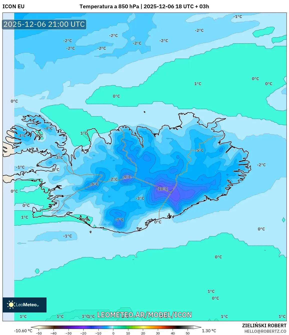 ICON model - Islandia, Temperatura a 850 hPa
