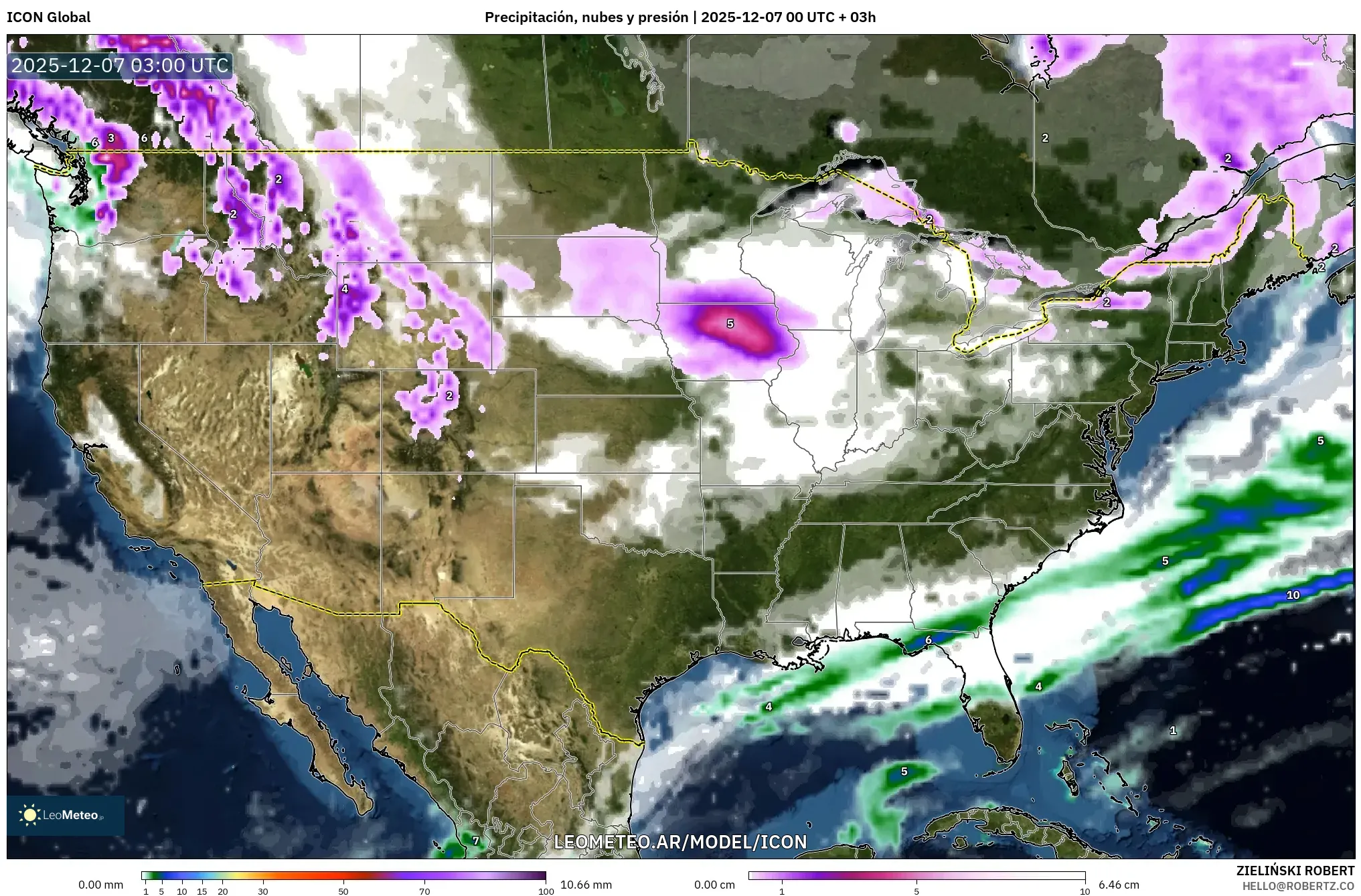 ICON model - Estados Unidos, Precipitación, nubes y presión