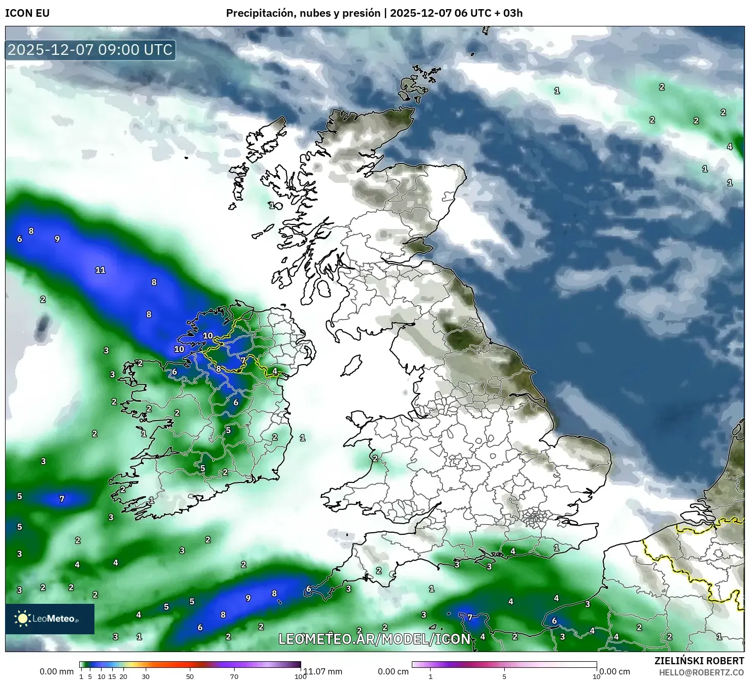 ICON model - Reino Unido, Precipitación, nubes y presión