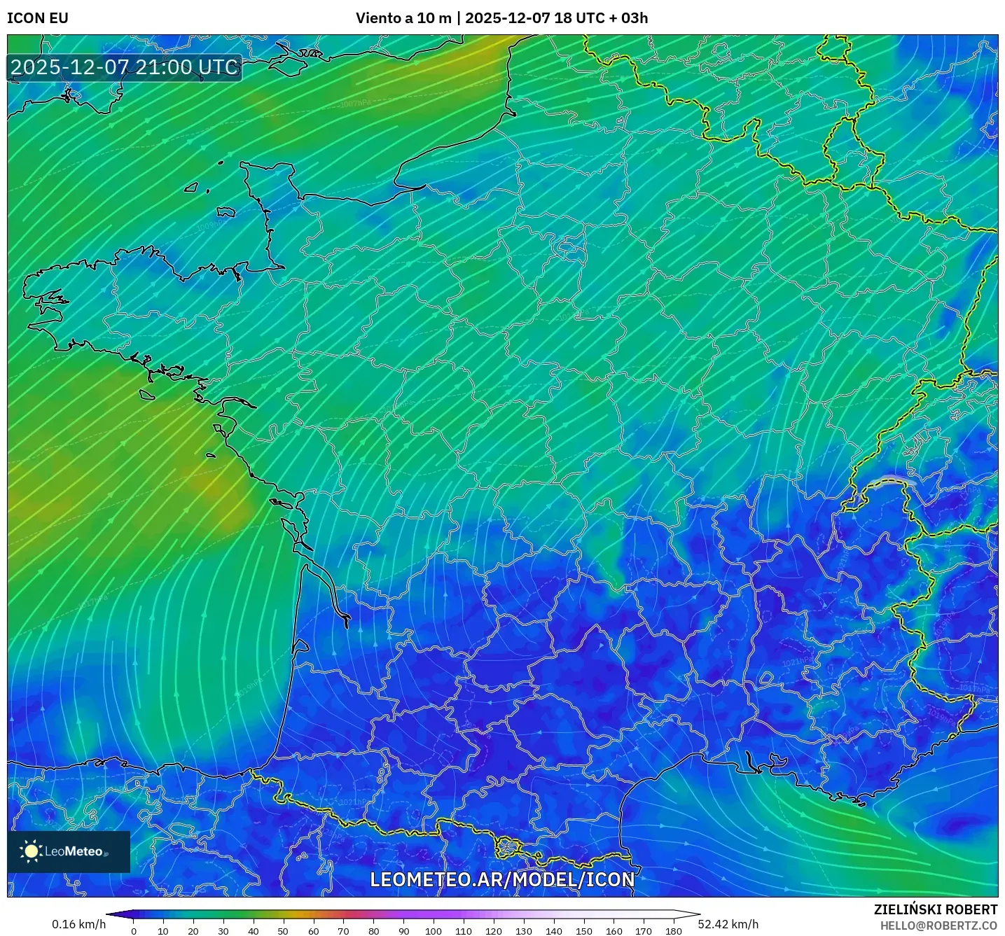 ICON model - Francia, Viento a 10 m