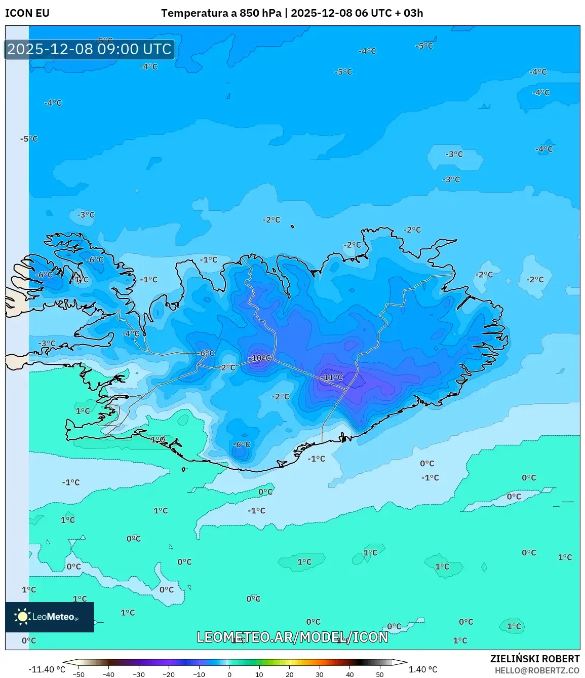 ICON model - Islandia, Temperatura a 850 hPa