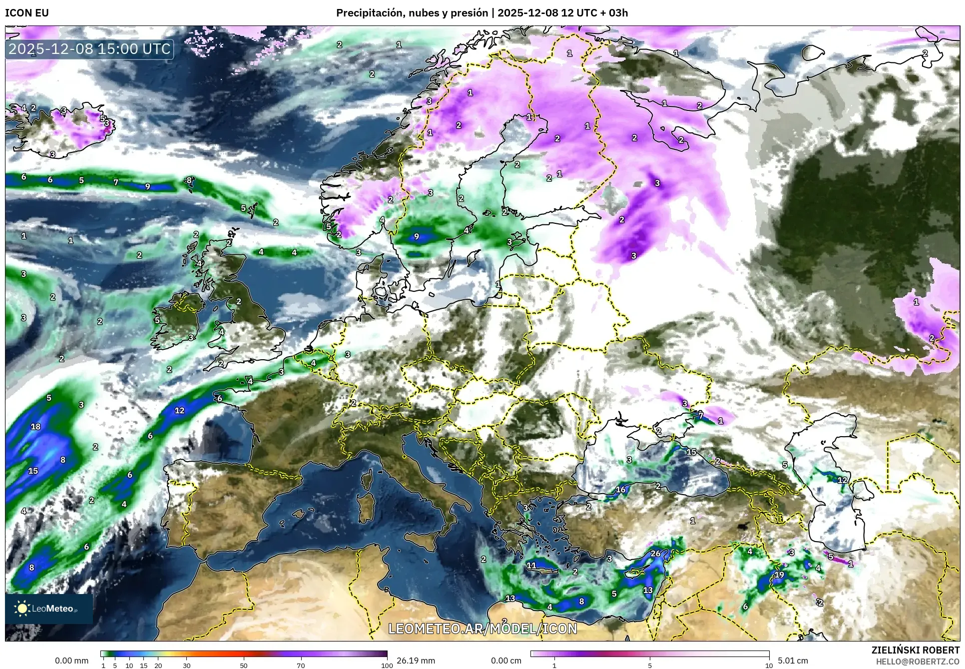 ICON model - Europa, Precipitación, nubes y presión