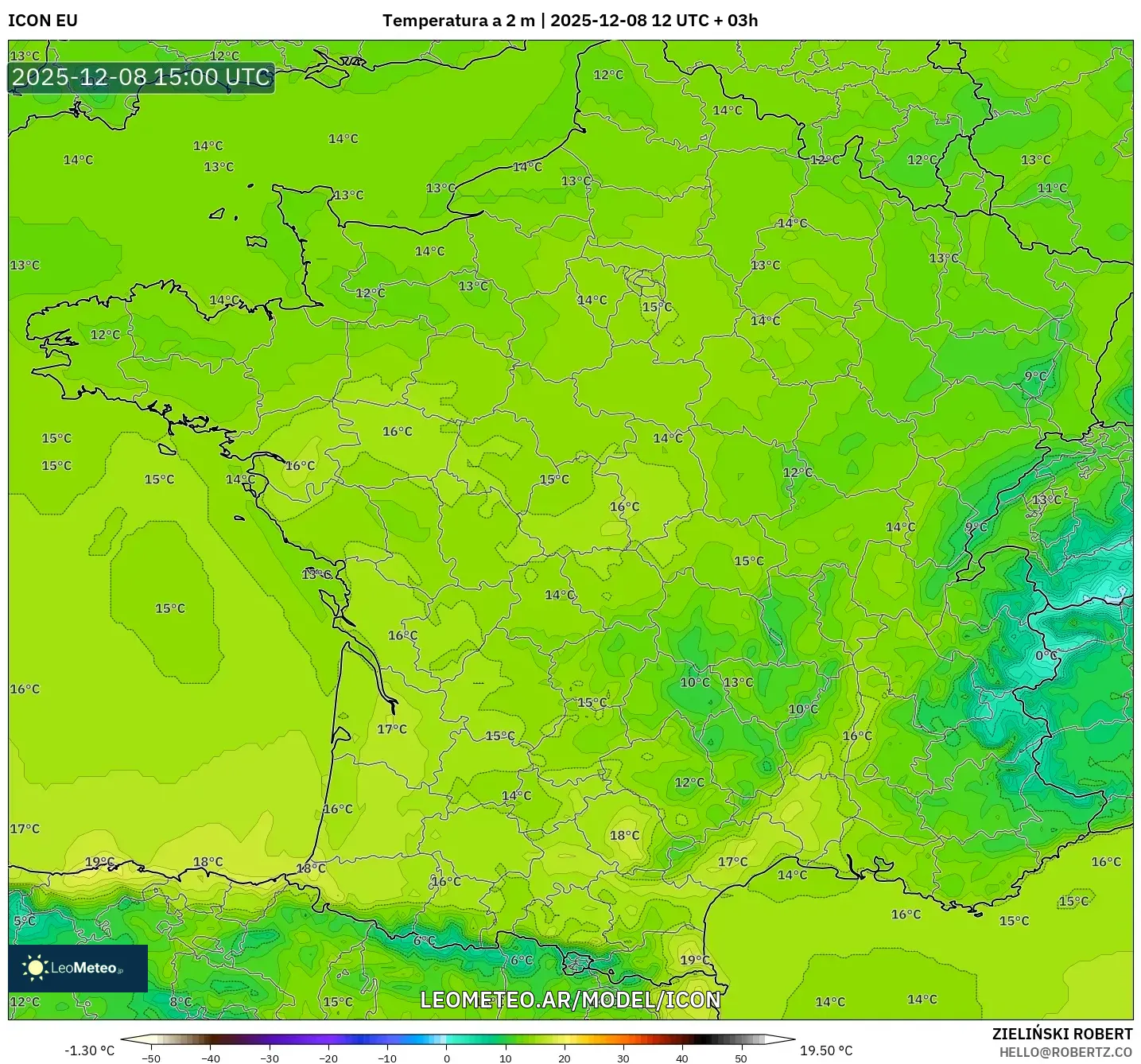 ICON model - Francia, Temperatura a 2 m