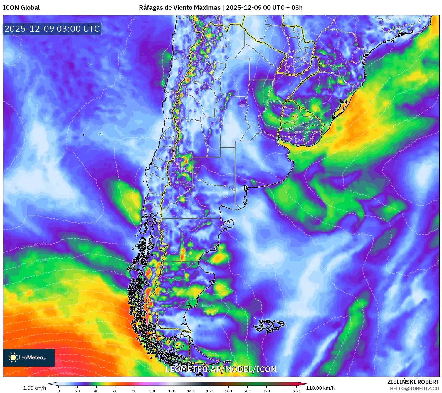 ICON model - Argentina, Ráfagas de Viento Máximas