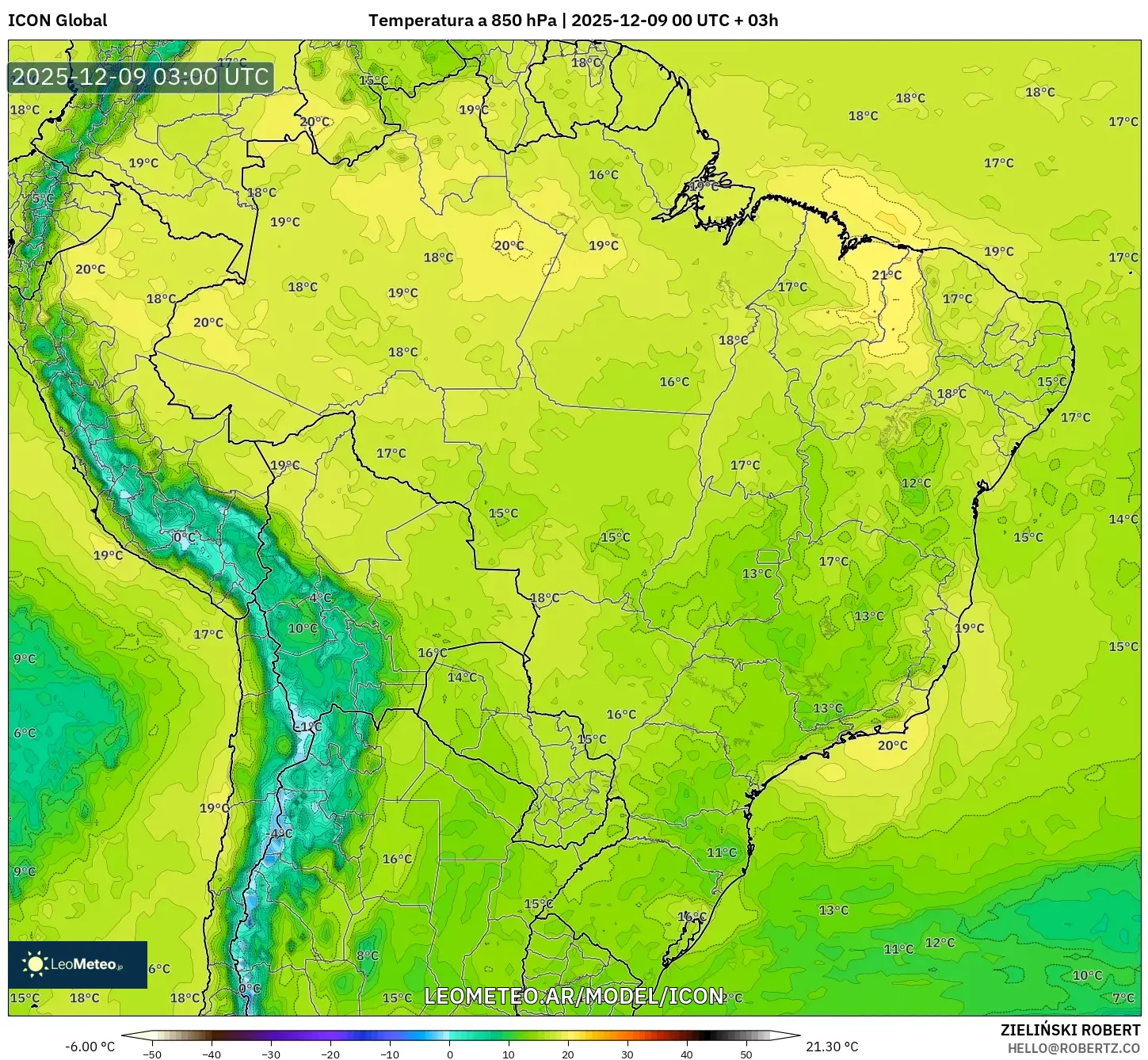 ICON model - Brasil, Temperatura a 850 hPa