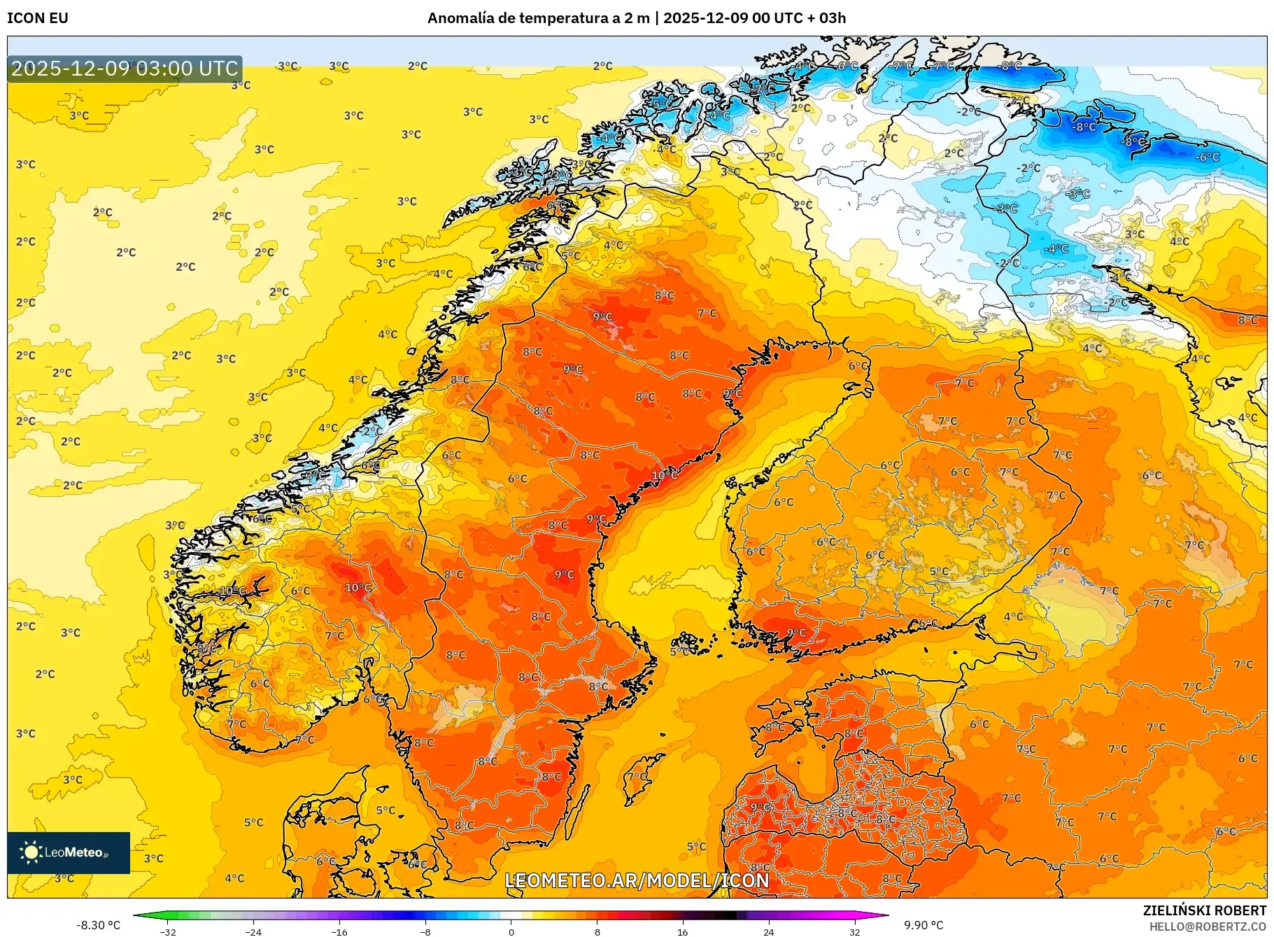 ICON model - Escandinavia, Anomalía de temperatura a 2 m