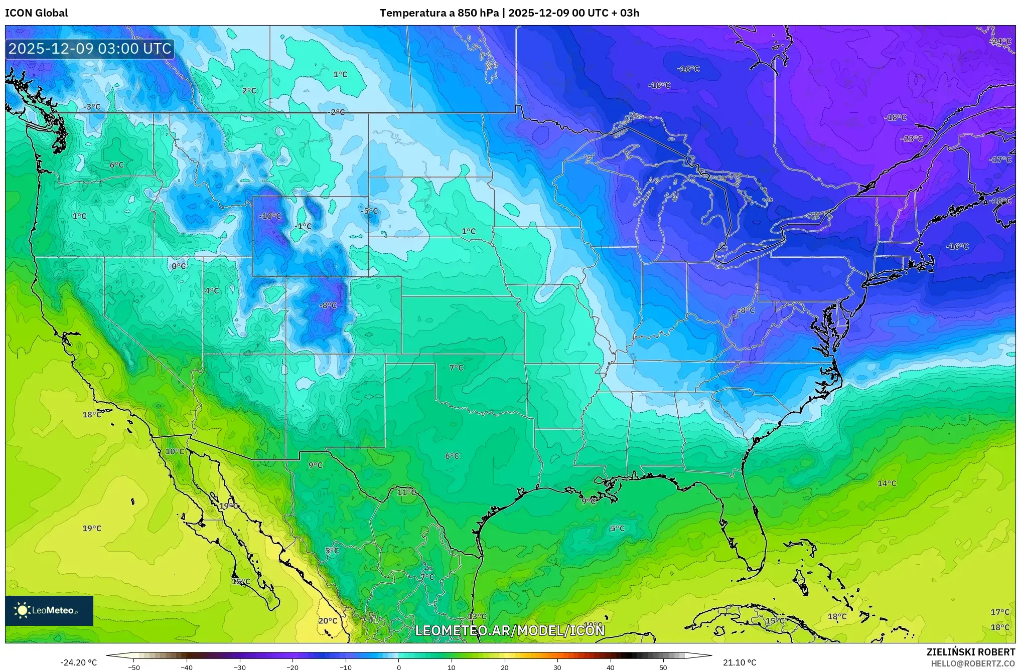 ICON model - Estados Unidos, Temperatura a 850 hPa