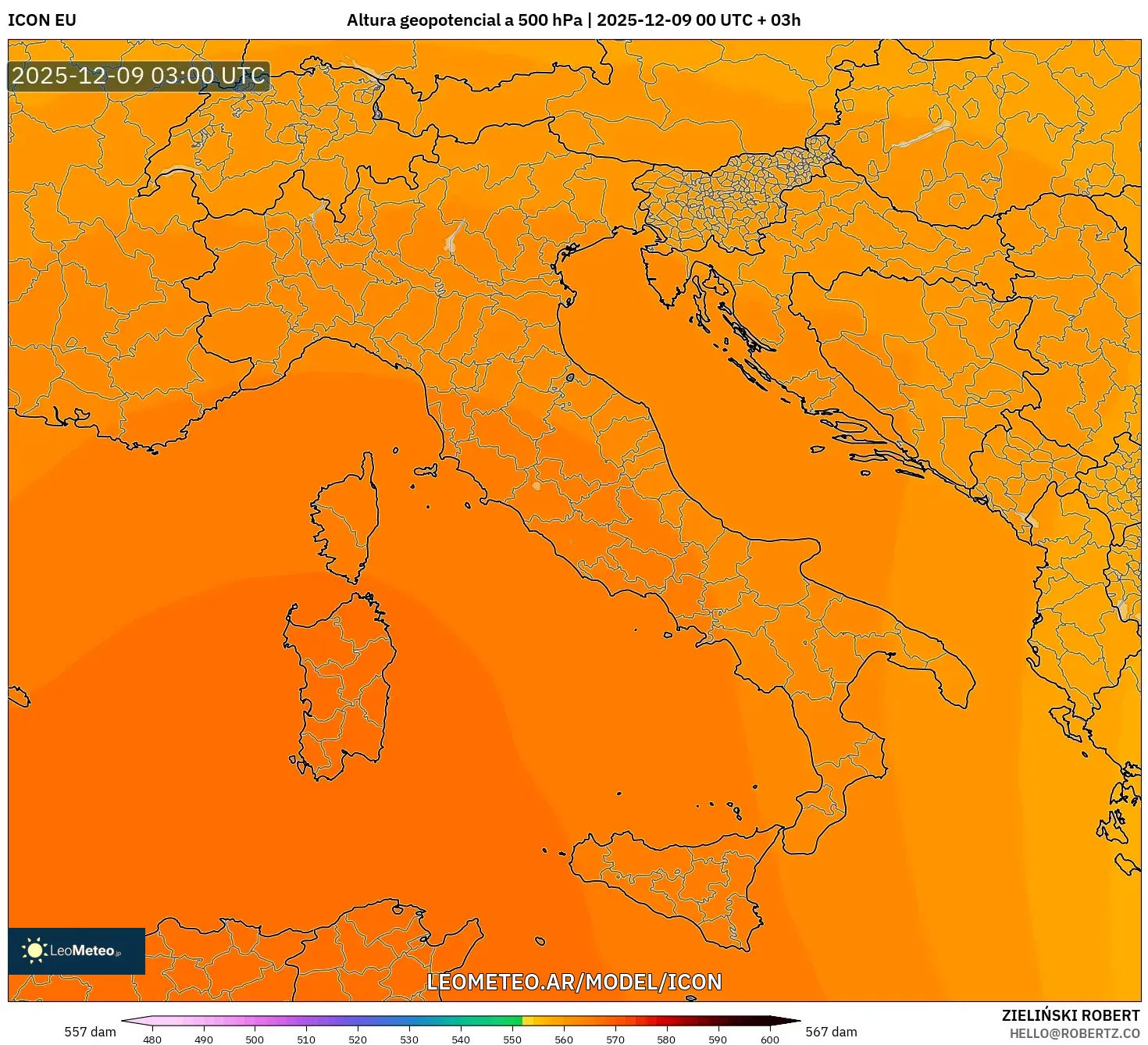 ICON model - Italia, Altura geopotencial a 500 hPa