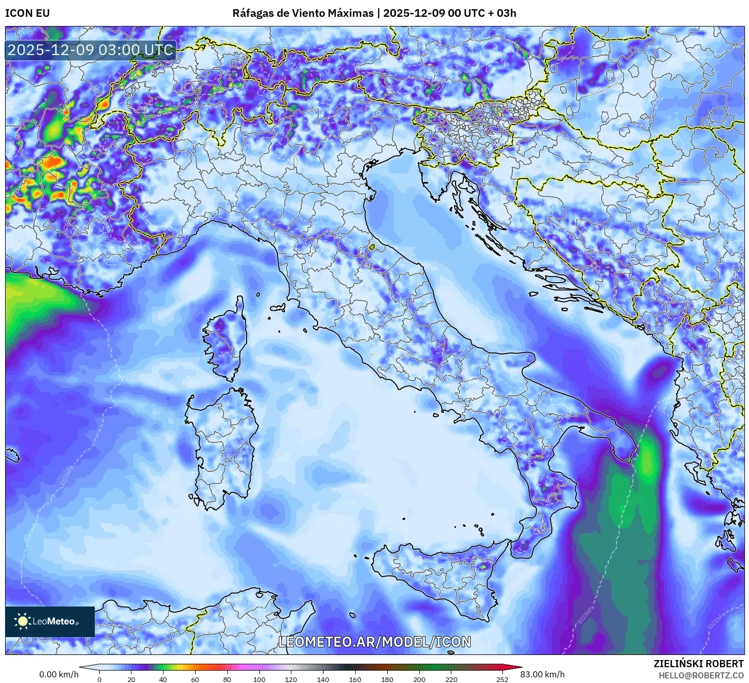 ICON model - Italia, Ráfagas de Viento Máximas