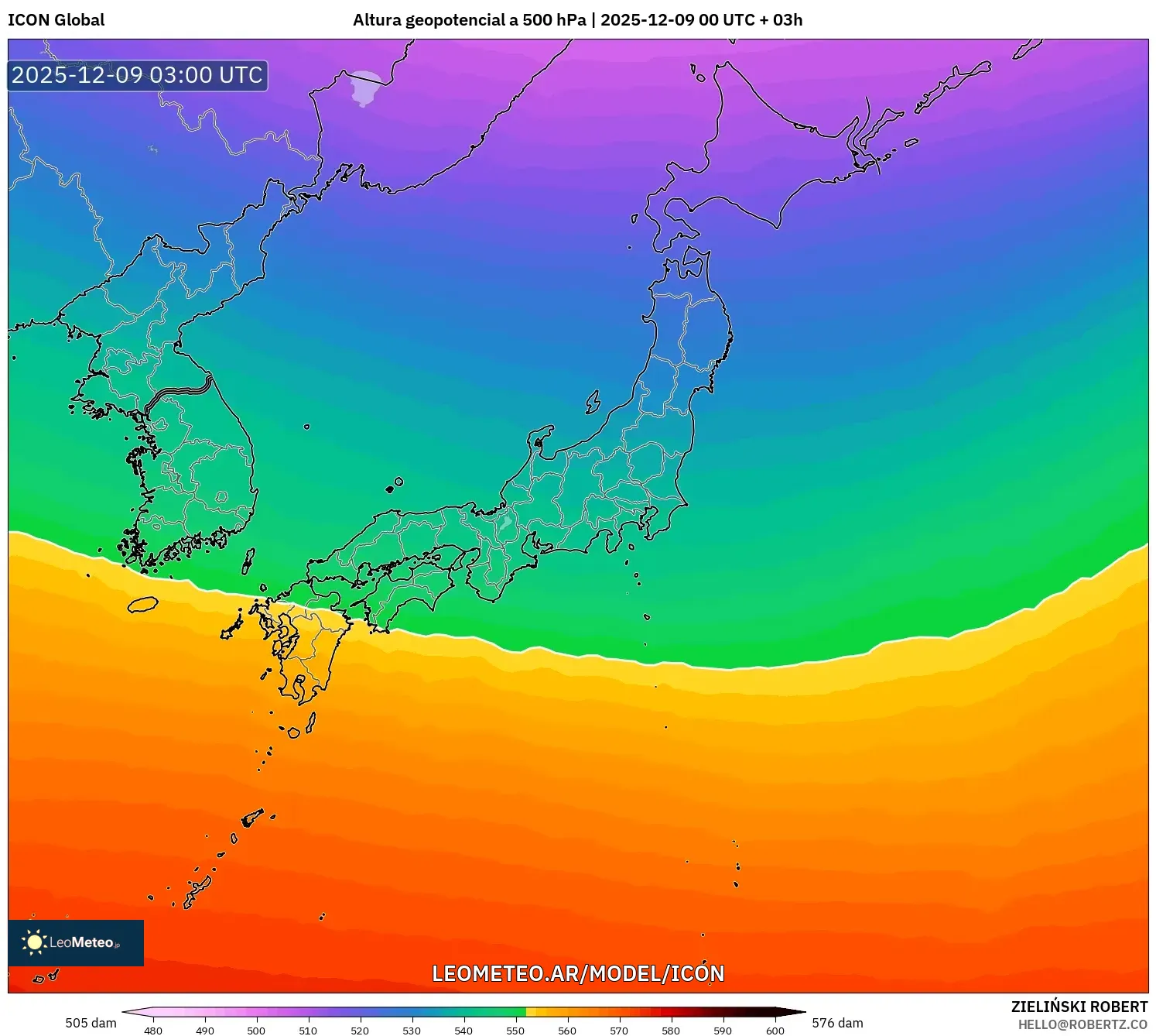 ICON model - Japón, Altura geopotencial a 500 hPa