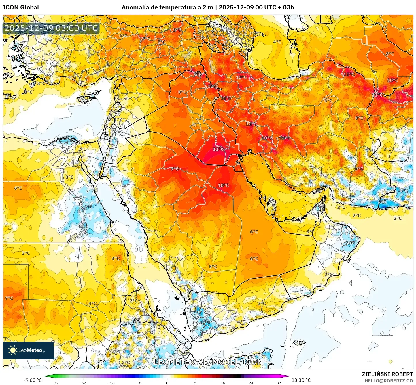 ICON model - Oriente Medio, Anomalía de temperatura a 2 m