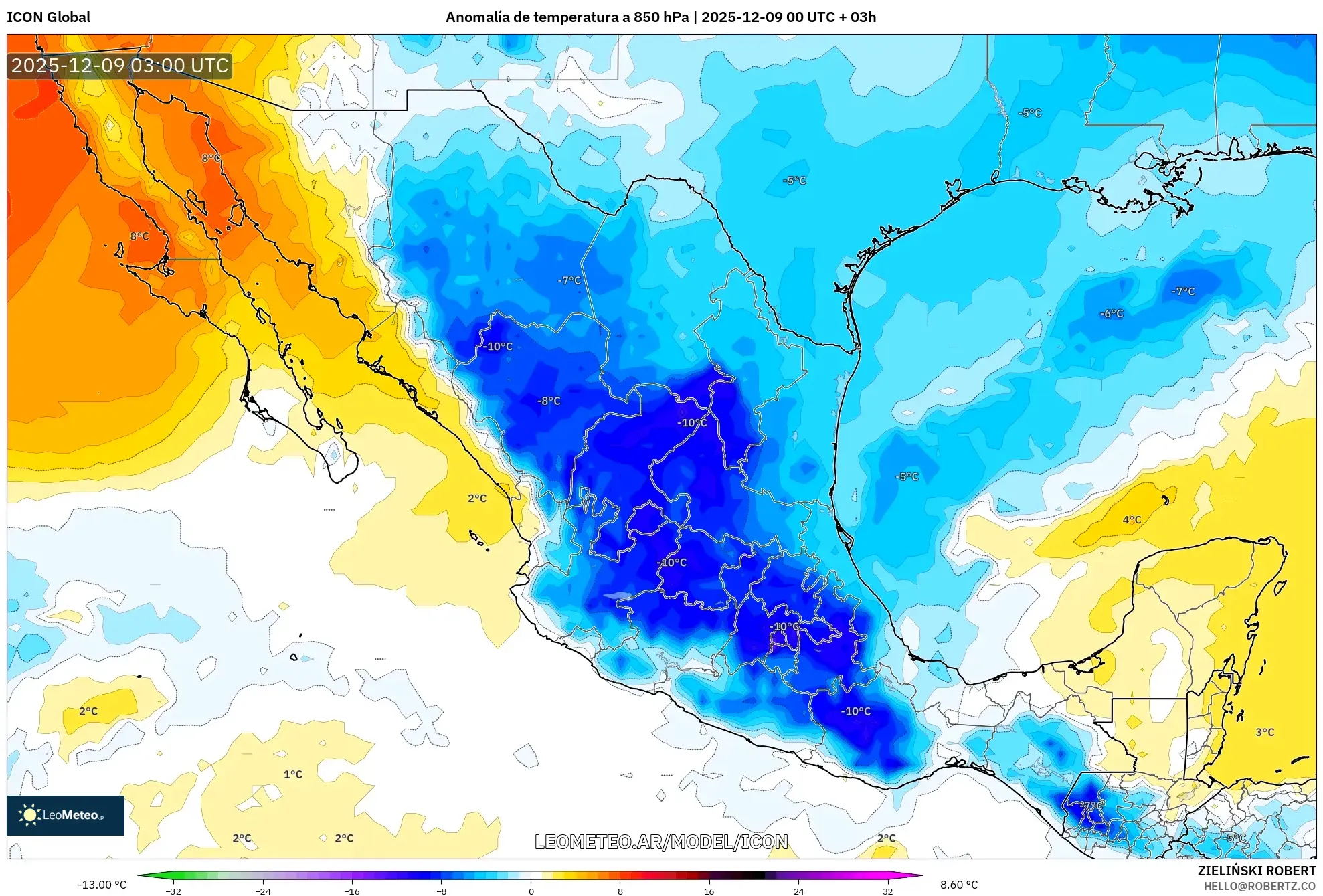 ICON model - México, Anomalía de temperatura a 850 hPa