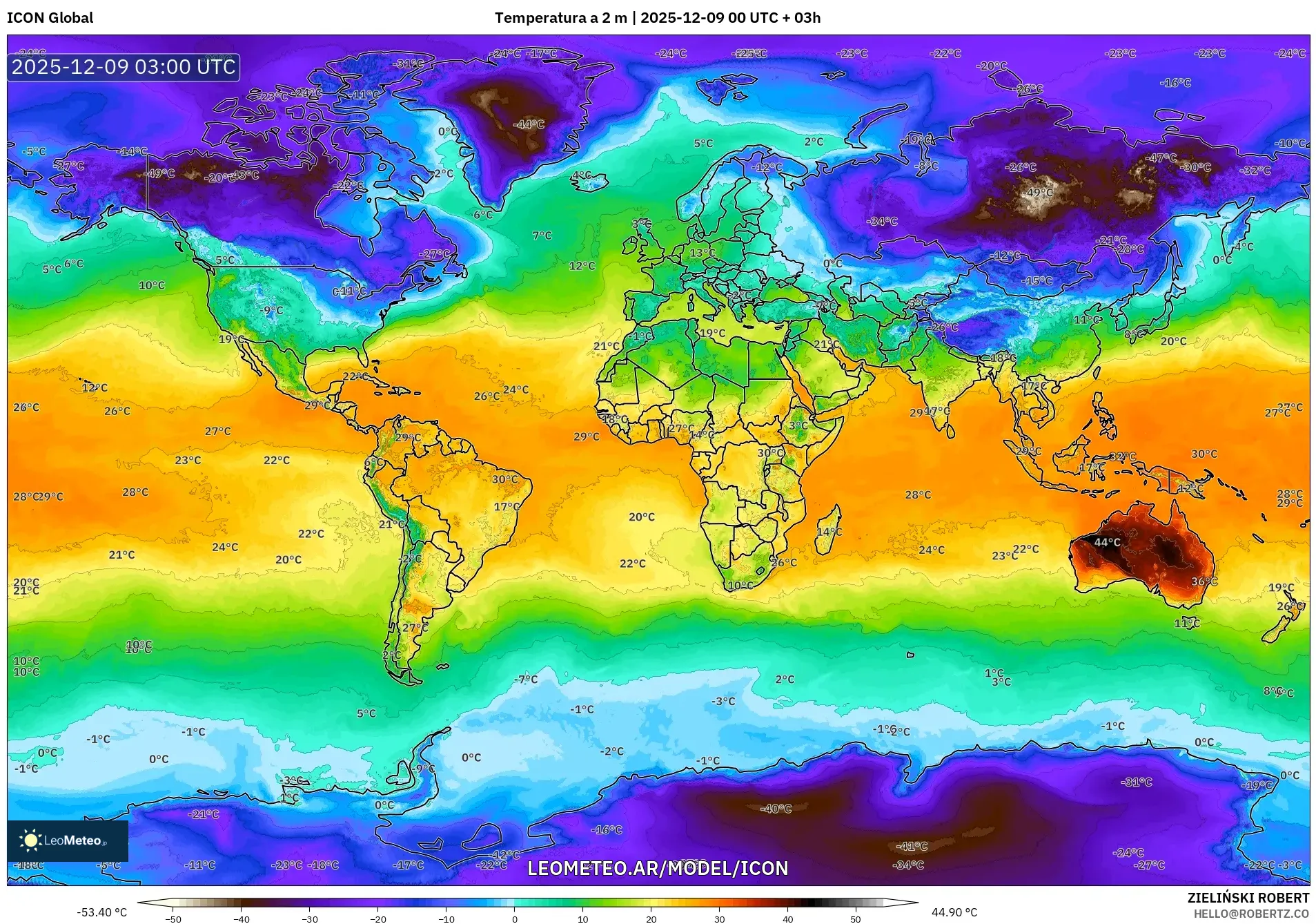 ICON model - Mundo, Temperatura a 2 m
