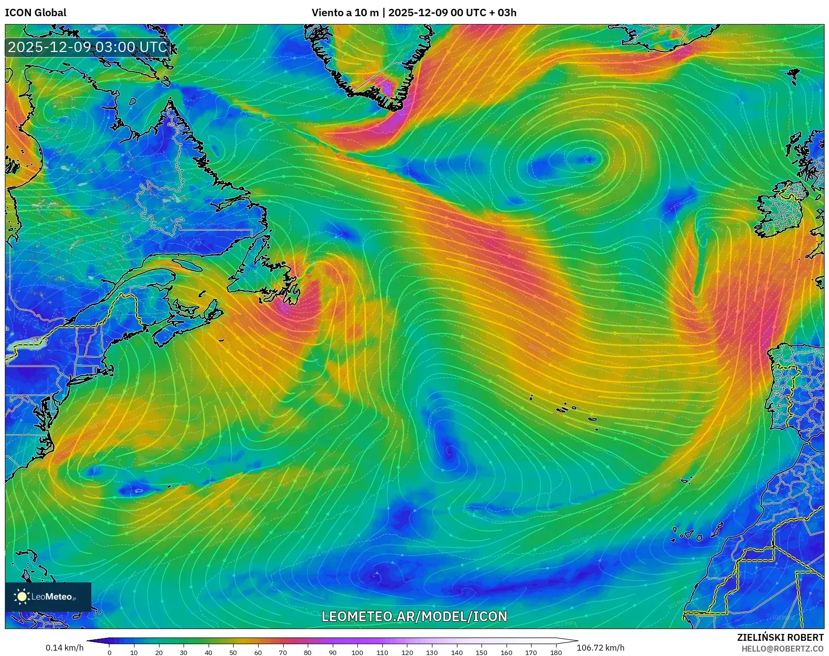 ICON model - Norte Atlántico, Viento a 10 m
