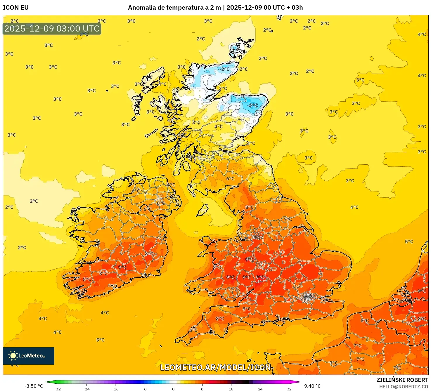 ICON model - Reino Unido, Anomalía de temperatura a 2 m