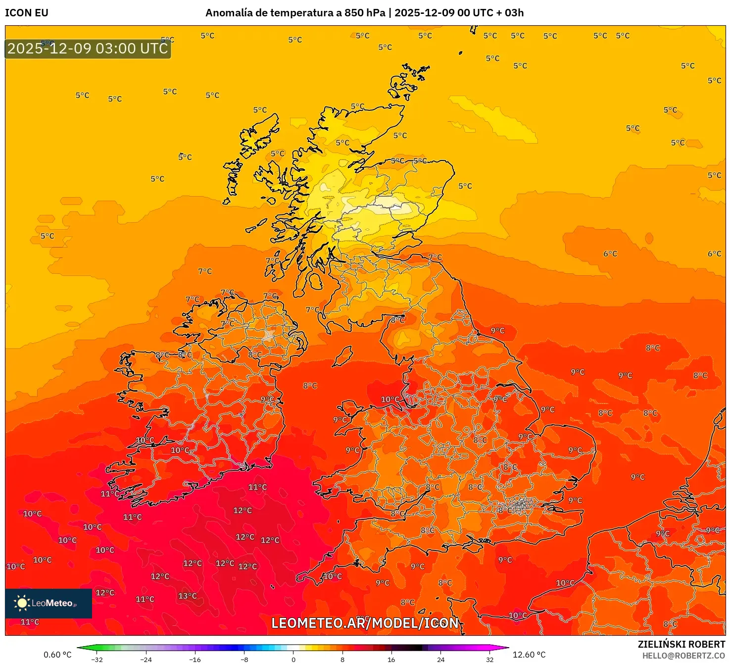 ICON model - Reino Unido, Anomalía de temperatura a 850 hPa