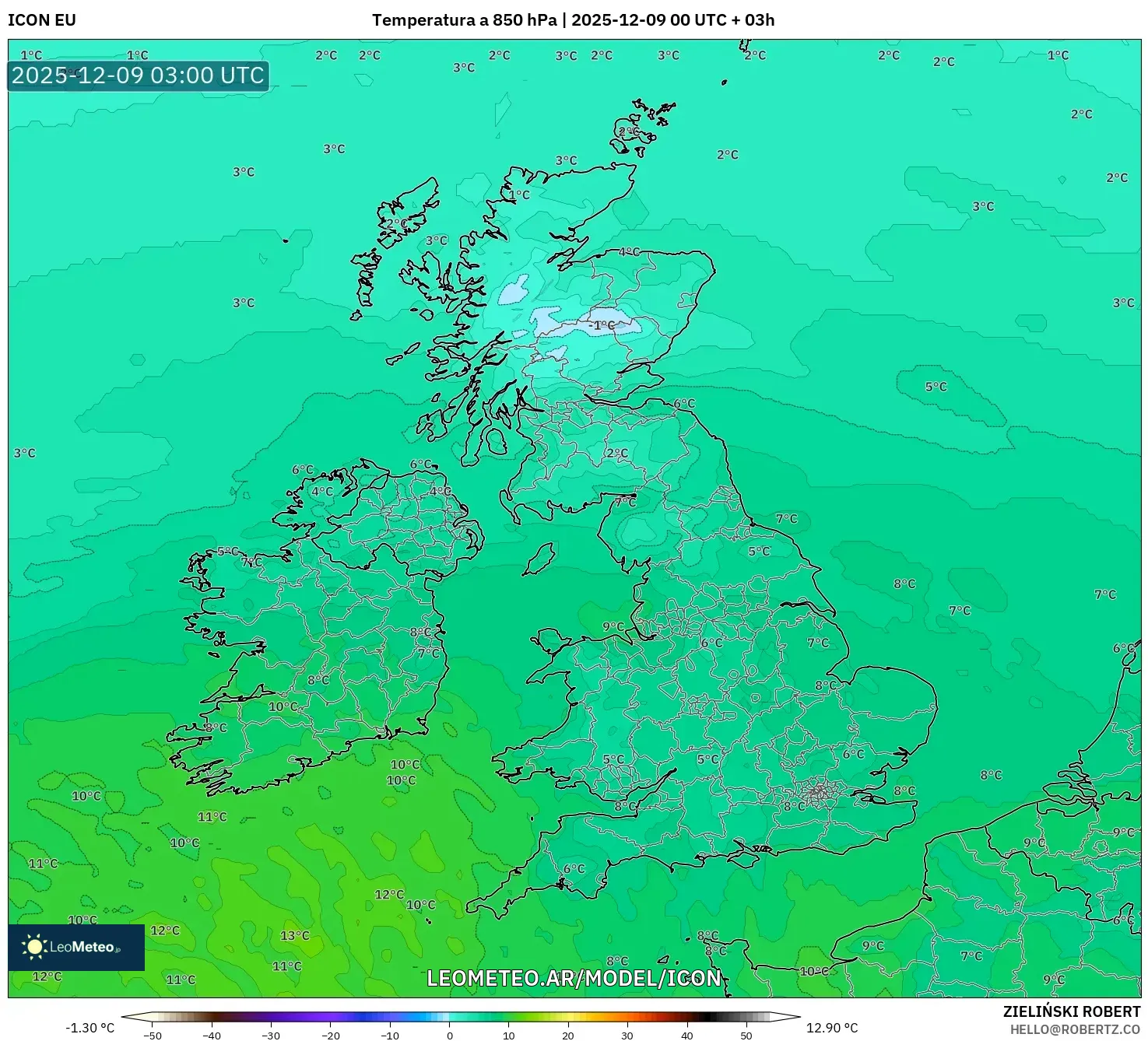 ICON model - Reino Unido, Temperatura a 850 hPa