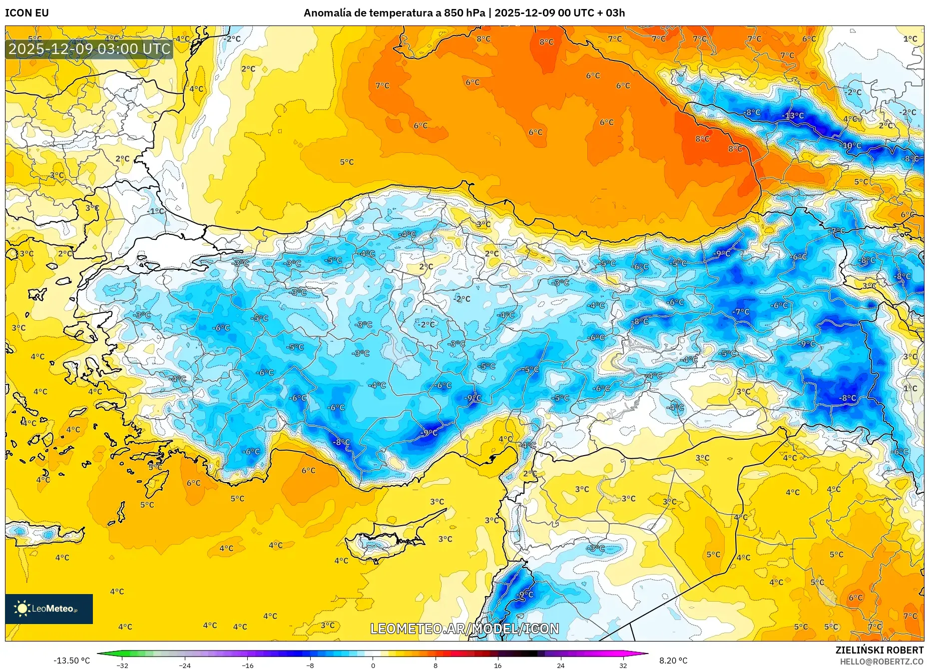 ICON model - Turquía, Anomalía de temperatura a 850 hPa