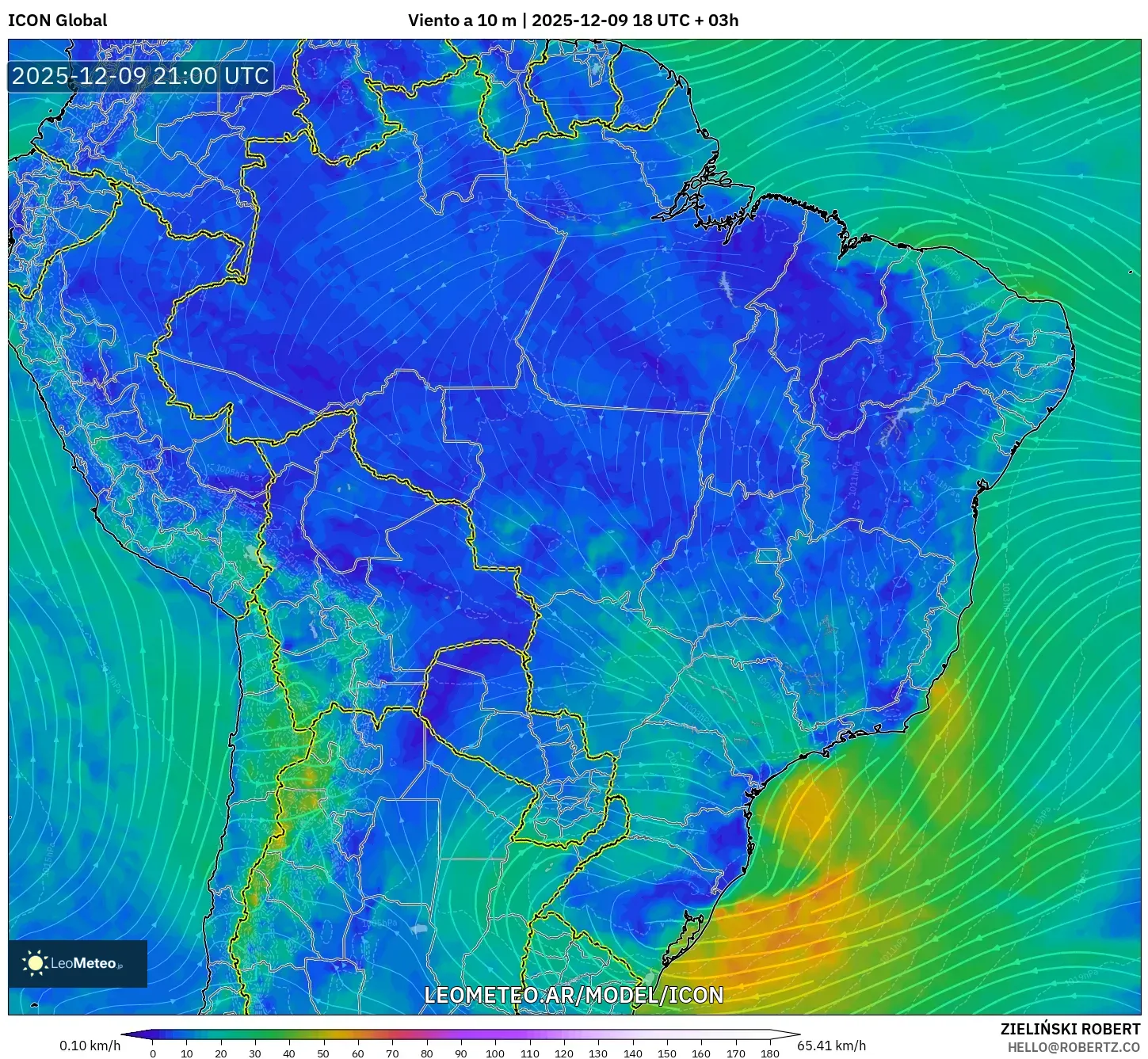 ICON model - Brasil, Viento a 10 m