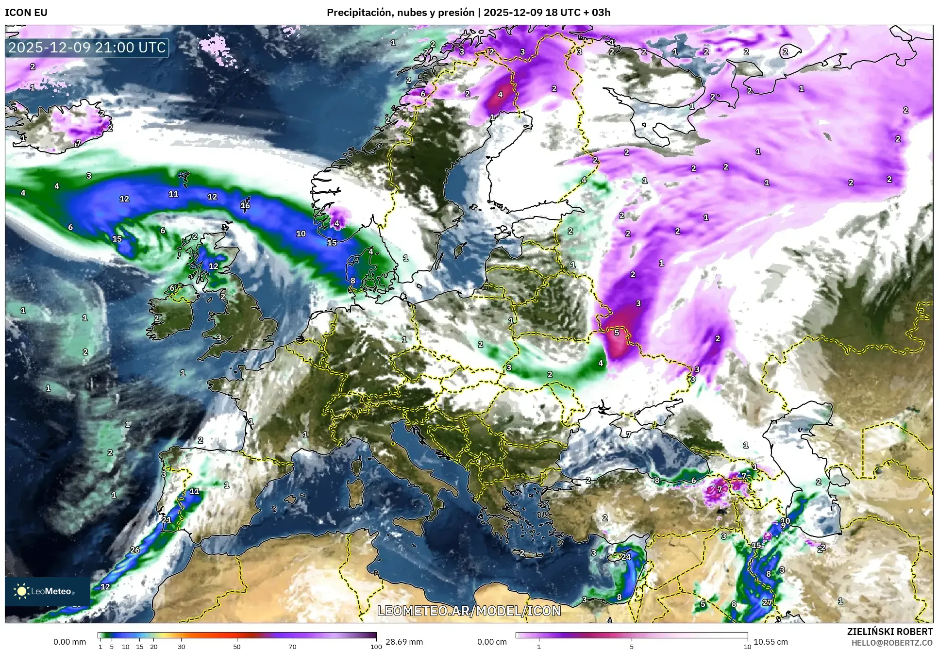 ICON model - Europa, Precipitación, nubes y presión