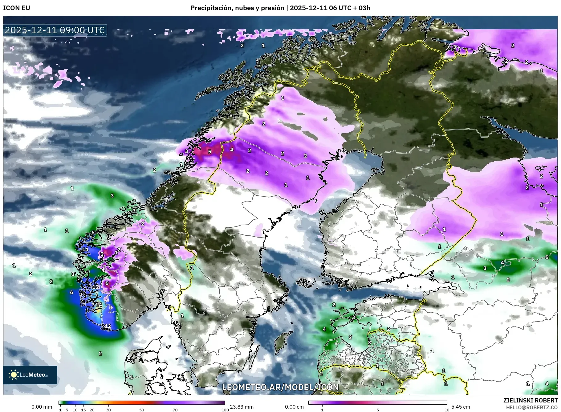 ICON model - Escandinavia, Precipitación, nubes y presión