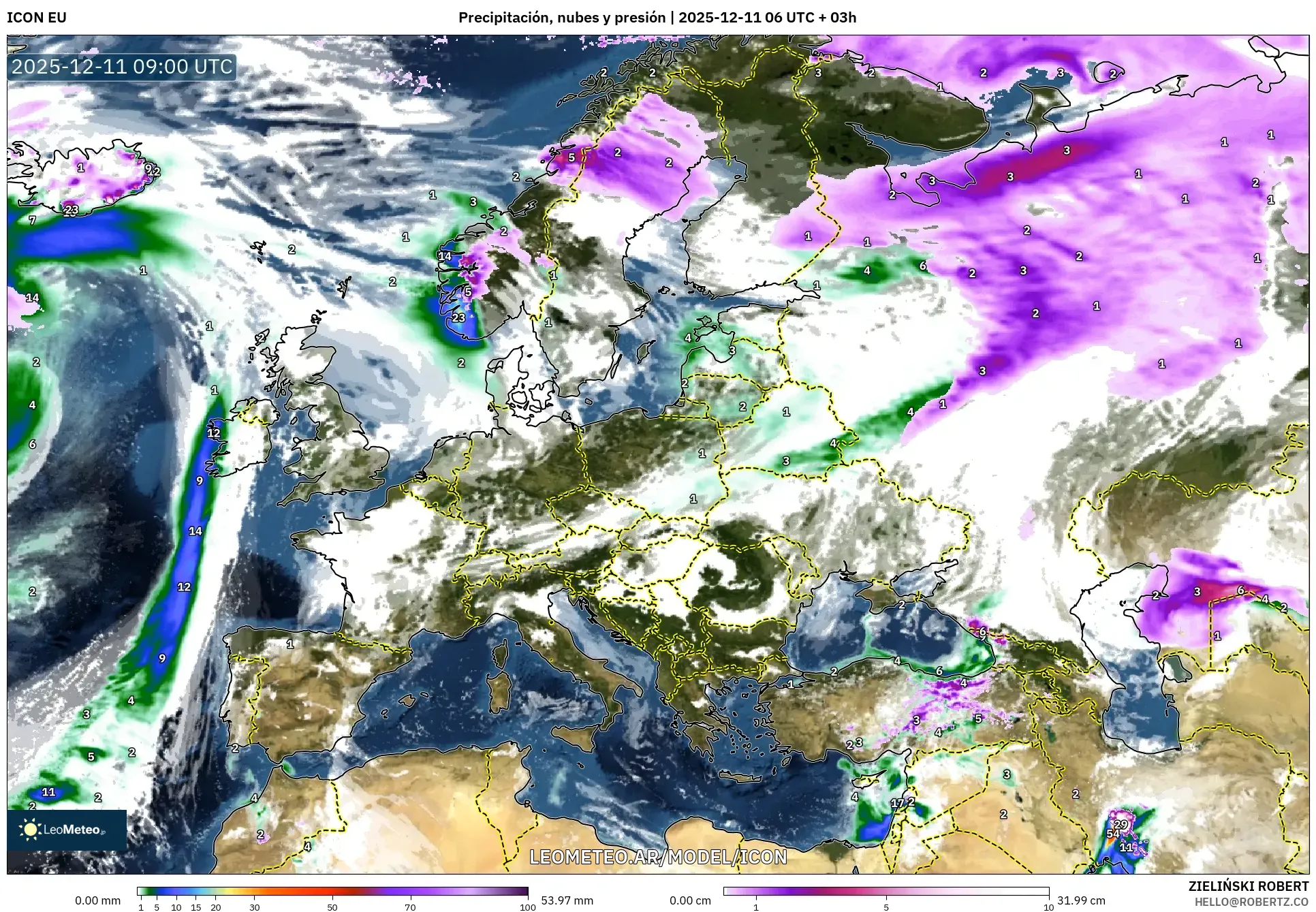 ICON model - Europa, Precipitación, nubes y presión