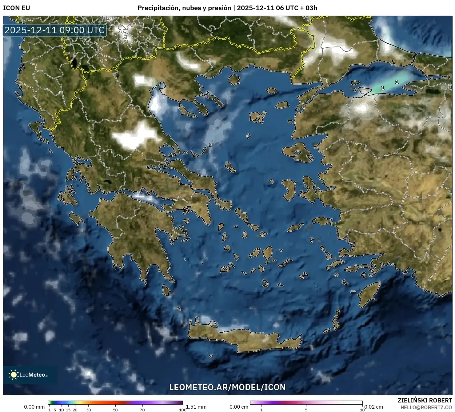 ICON model - Grecia, Precipitación, nubes y presión