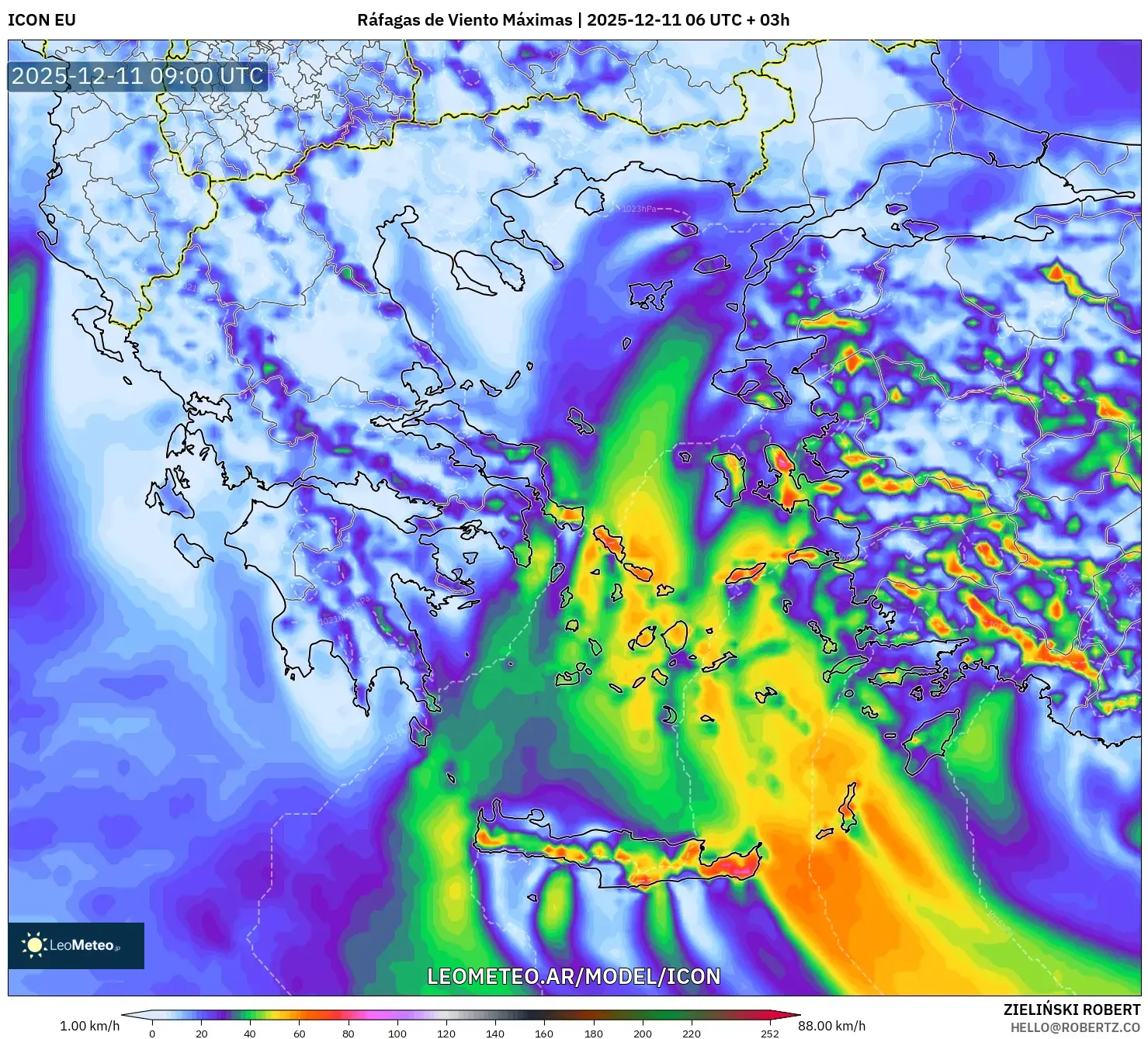 ICON model - Grecia, Ráfagas de Viento Máximas