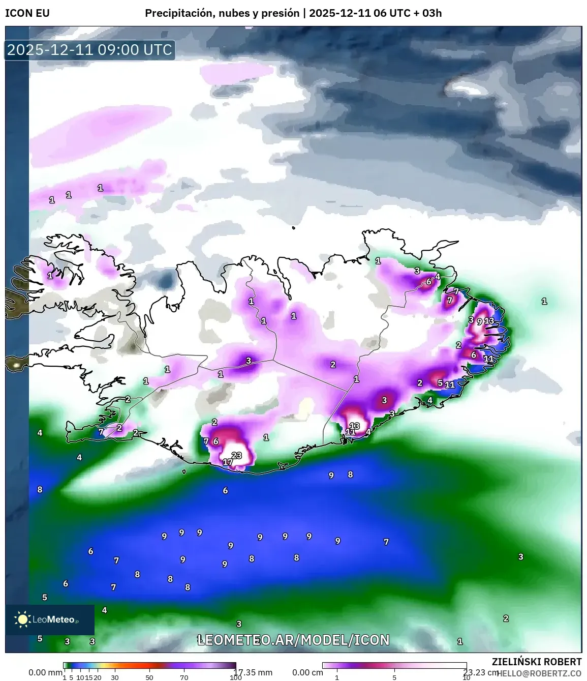 ICON model - Islandia, Precipitación, nubes y presión