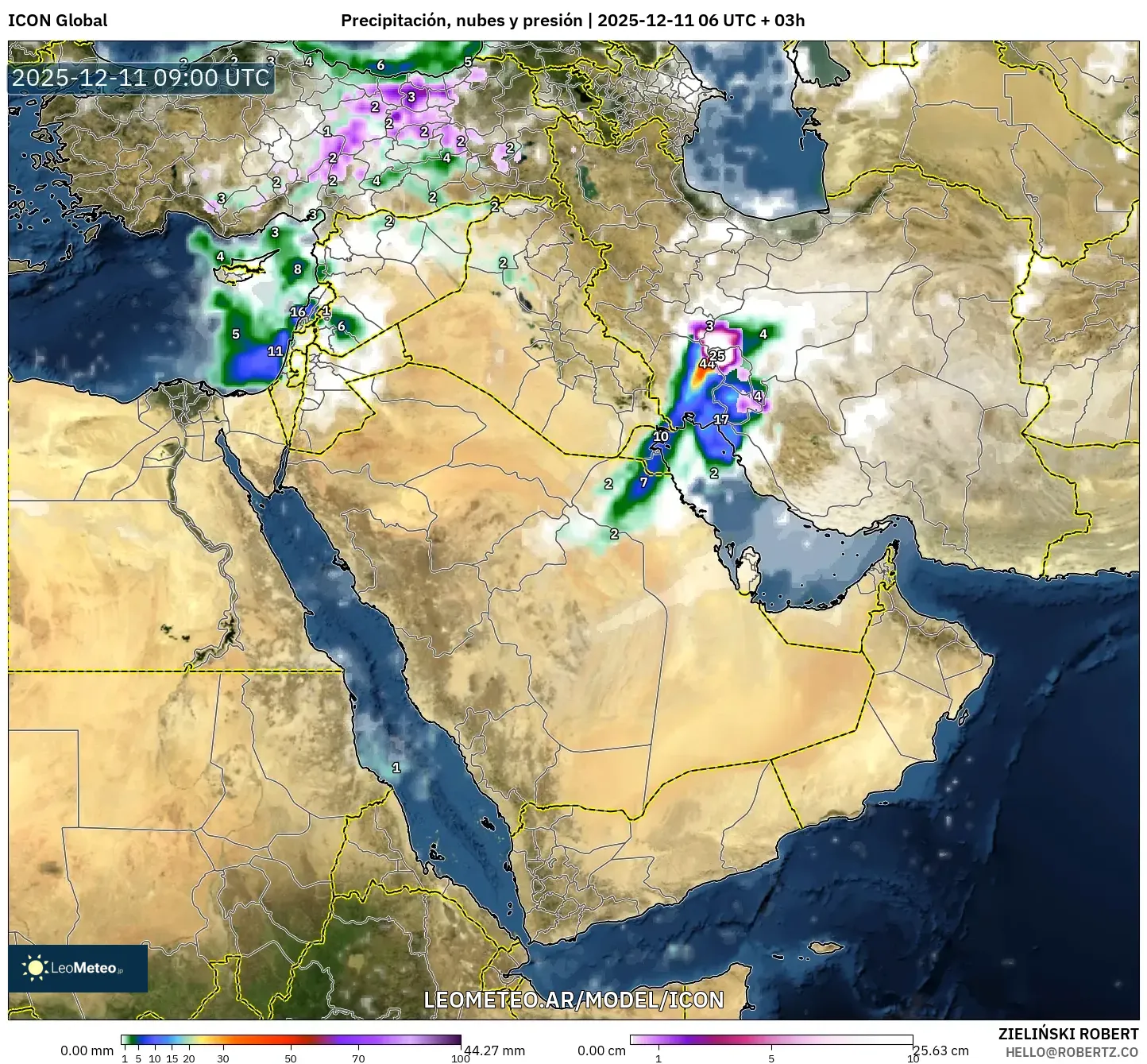 ICON model - Oriente Medio, Precipitación, nubes y presión