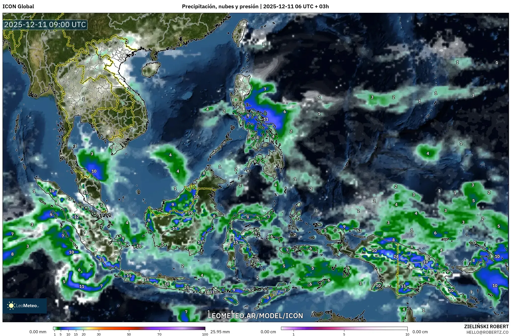 ICON model - Sudeste Asiático, Precipitación, nubes y presión