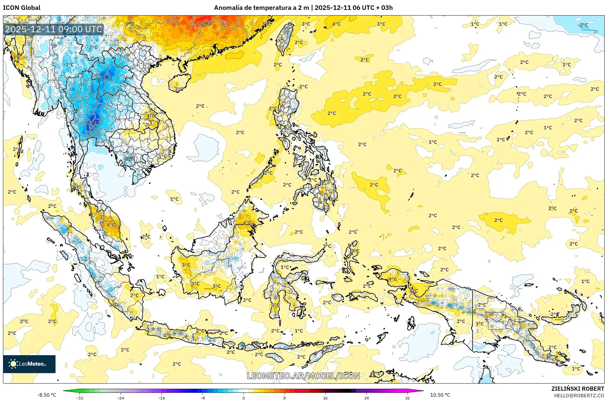 ICON model - Sudeste Asiático, Anomalía de temperatura a 2 m