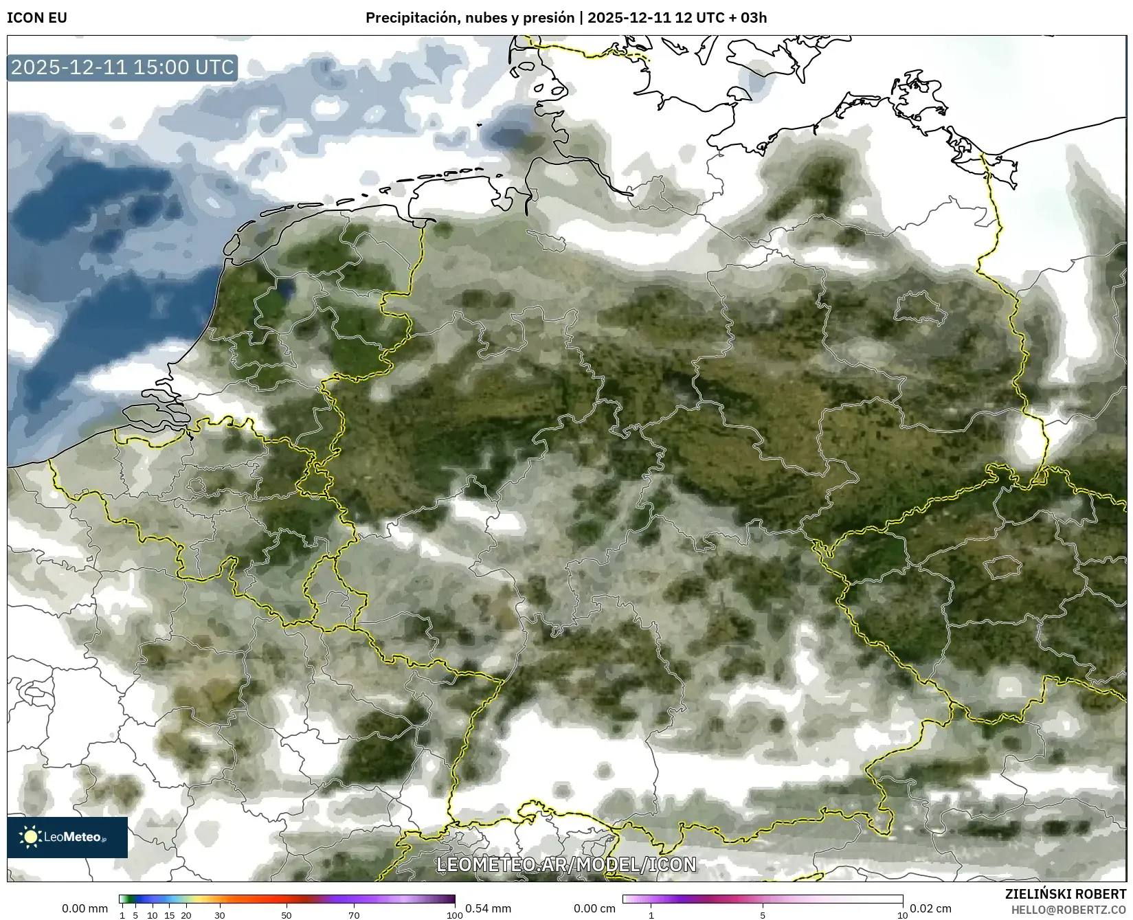 ICON model - Alemania, Precipitación, nubes y presión
