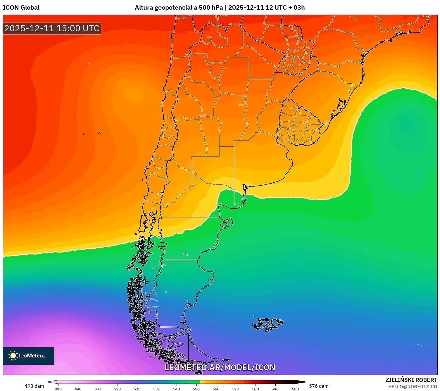 ICON model - Argentina, Altura geopotencial a 500 hPa