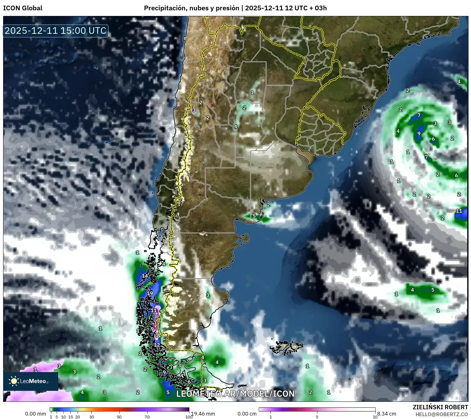 ICON model - Argentina, Precipitación, nubes y presión