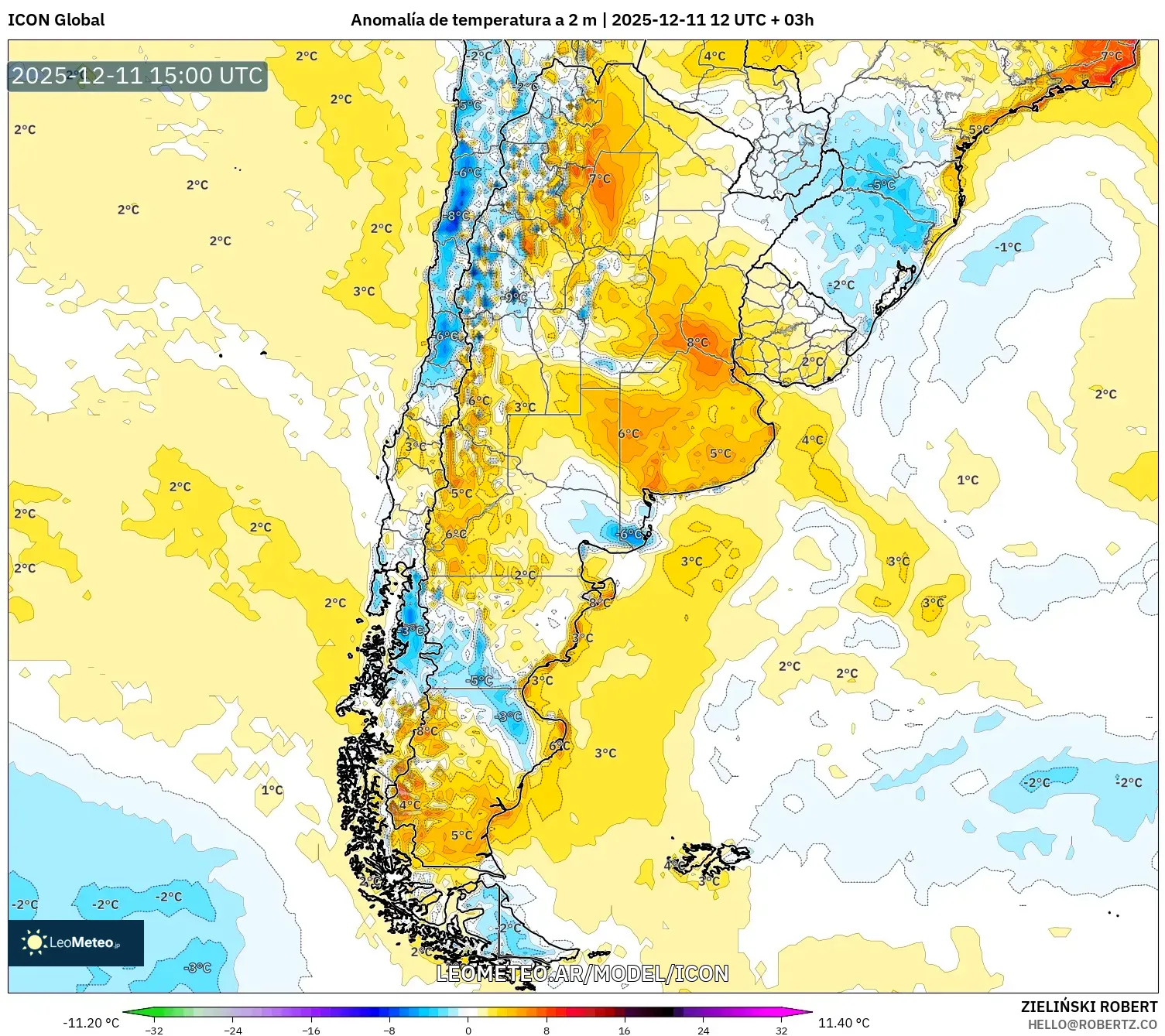 ICON model - Argentina, Anomalía de temperatura a 2 m