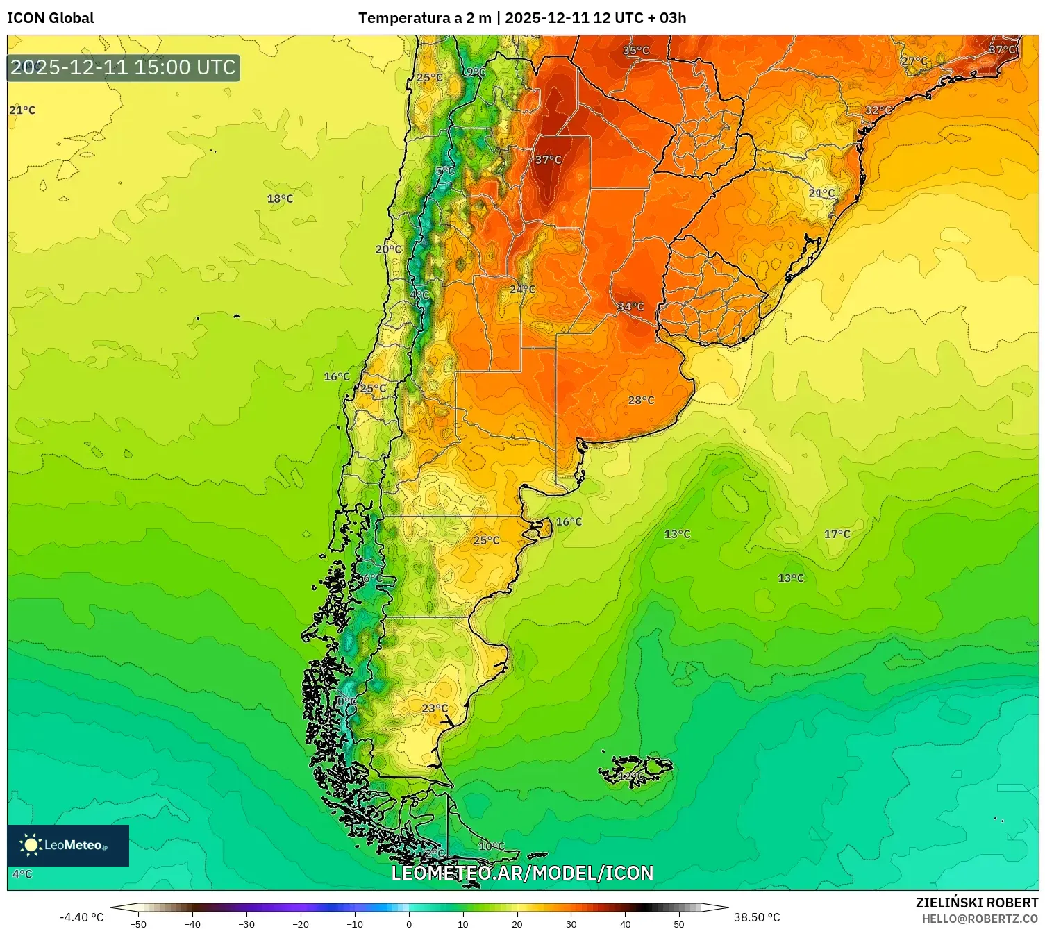 ICON model - Argentina, Temperatura a 2 m