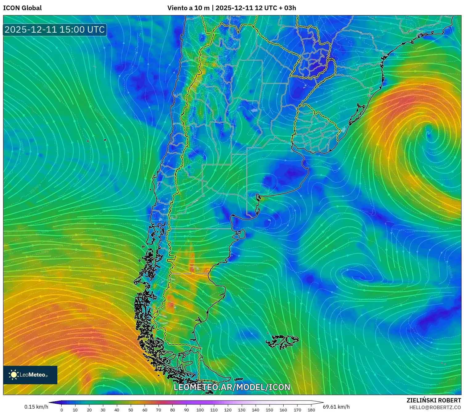 ICON model - Argentina, Viento a 10 m