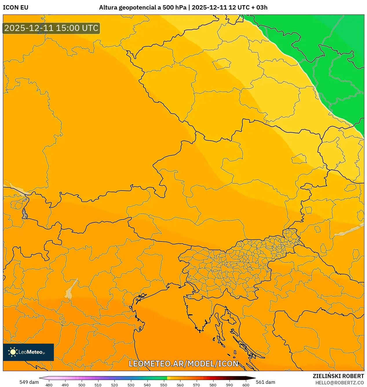 ICON model - Austria, Altura geopotencial a 500 hPa