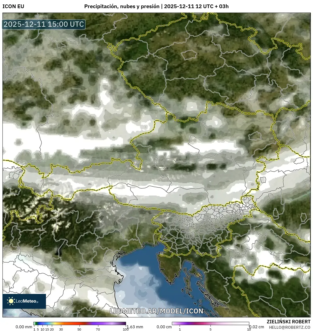 ICON model - Austria, Precipitación, nubes y presión