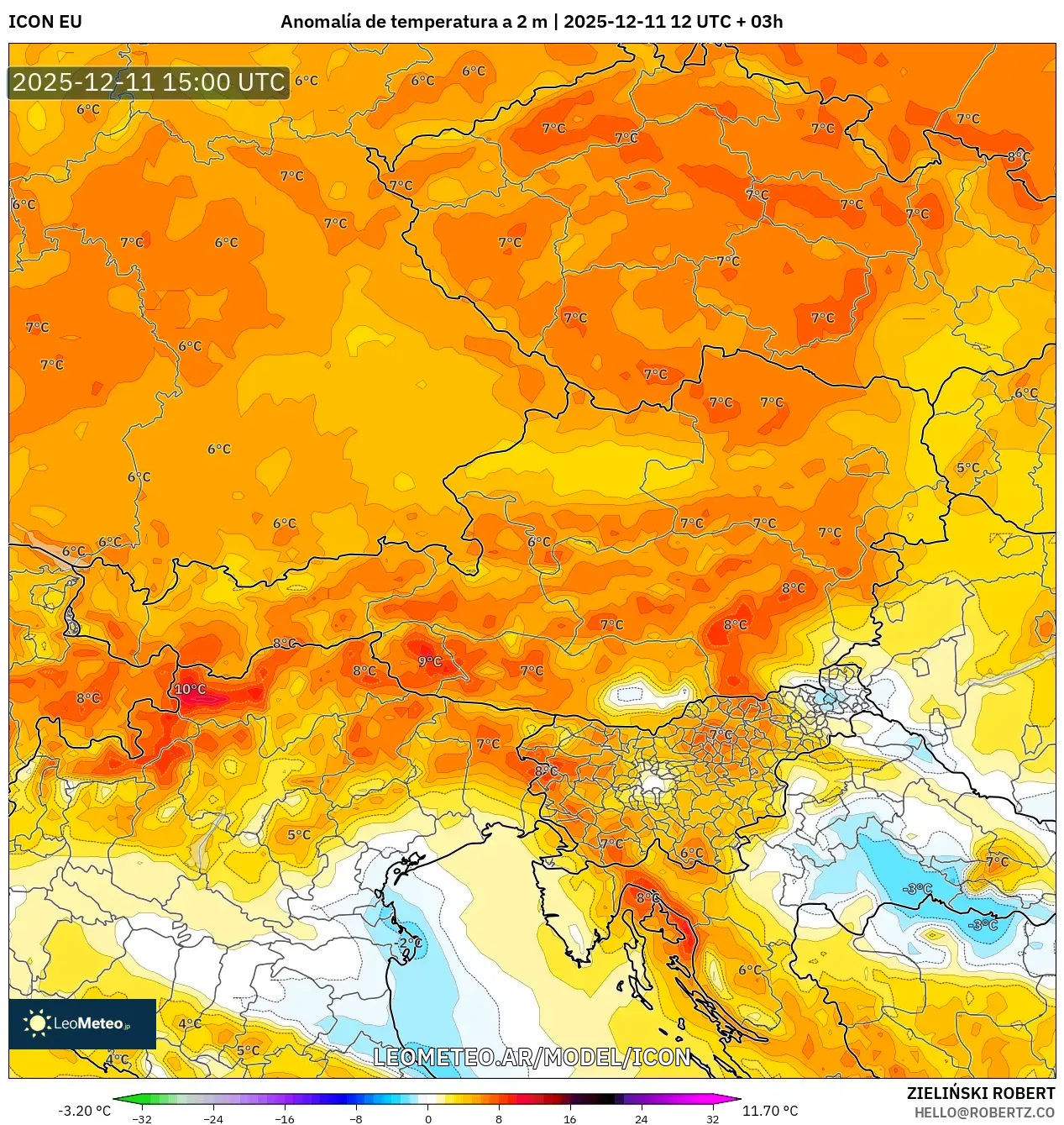 ICON model - Austria, Anomalía de temperatura a 2 m